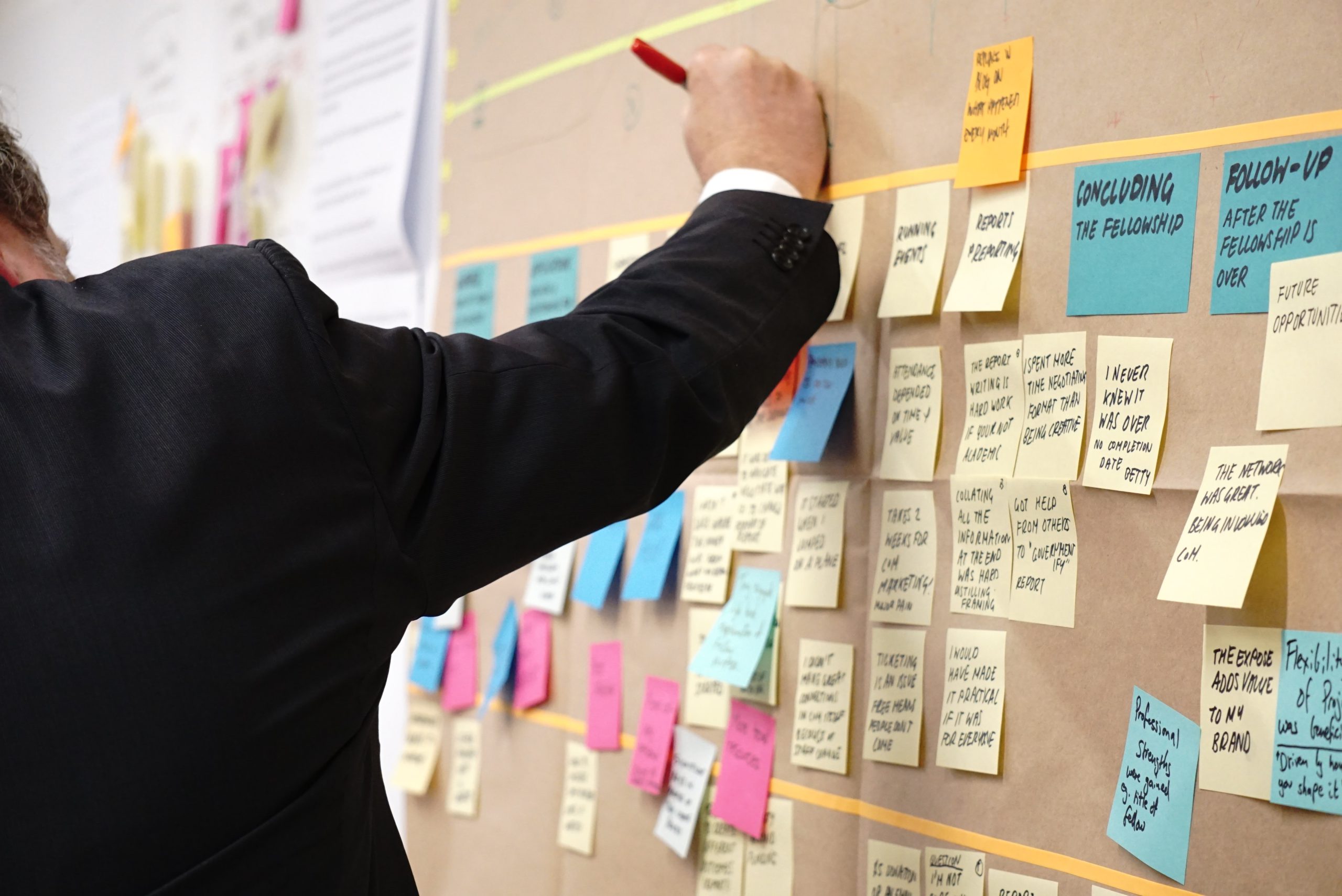 A project manager mapping out and organizing project deliverables and timelines on a board with sticky notes