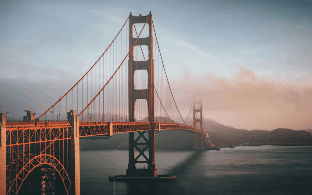 Famous San Francisco bridge at sunset with scenic coastal view