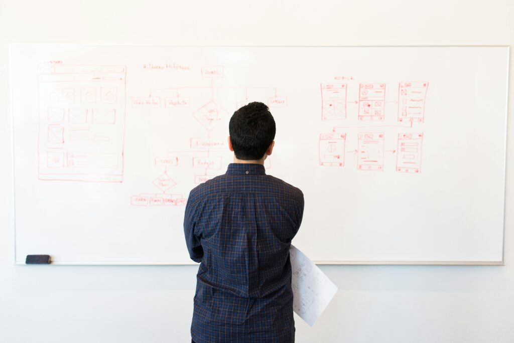 Deep in thought man standing back and observing his work on a whiteboard