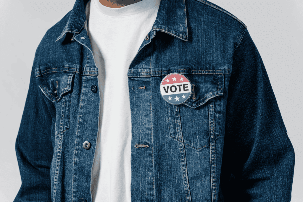 A person wears a denim jacket with a patriotic “VOTE” button pinned to the chest.