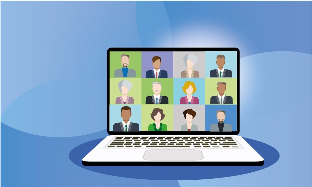 Illustration of a laptop screen showing a virtual meeting with twelve participants