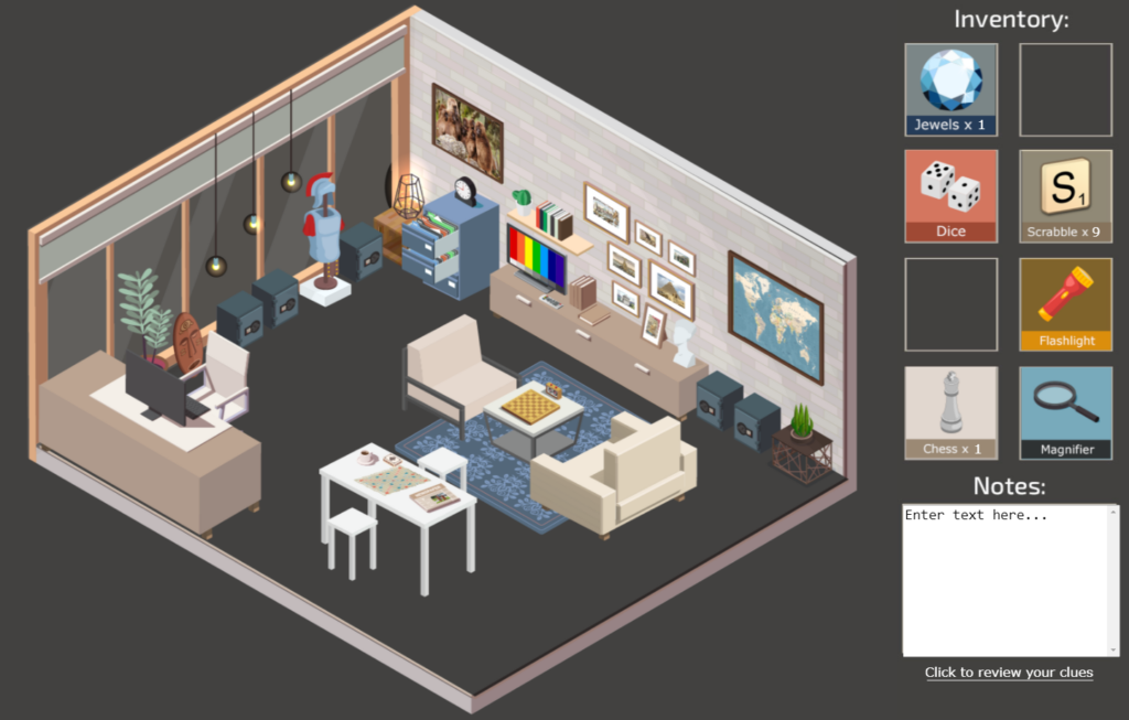 Virtual escape room game, in-game screenshot depicting an office