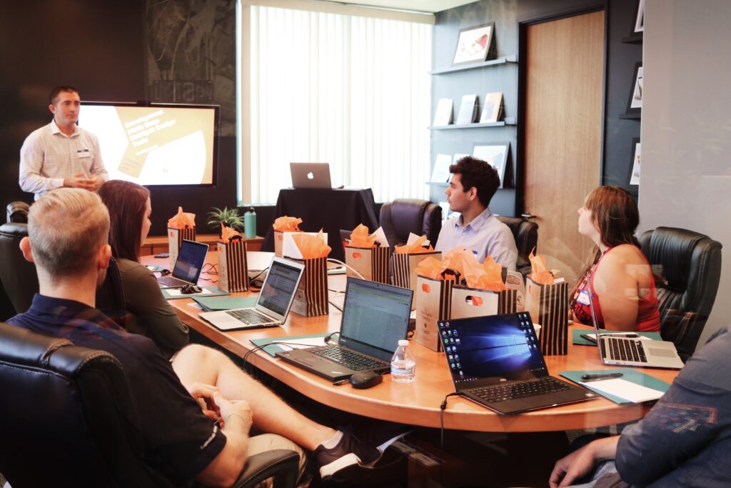 a team having a meeting in a hybrid office