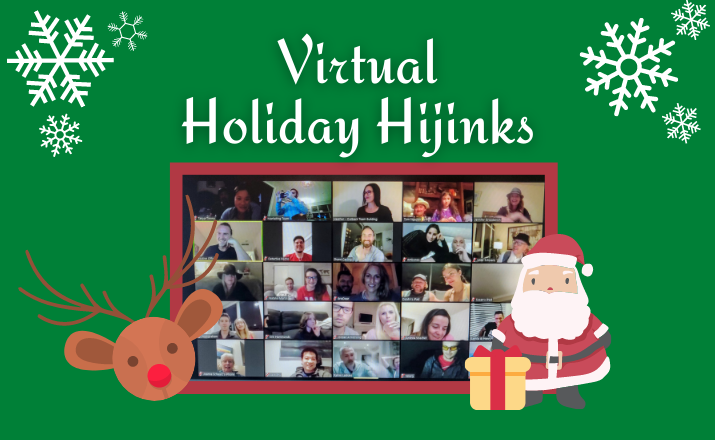 a group of colleagues on their computers playing a festive holiday hijinks team building activity