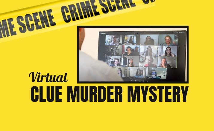 colleagues doing a holiday virtual clue murder mystery team building activity