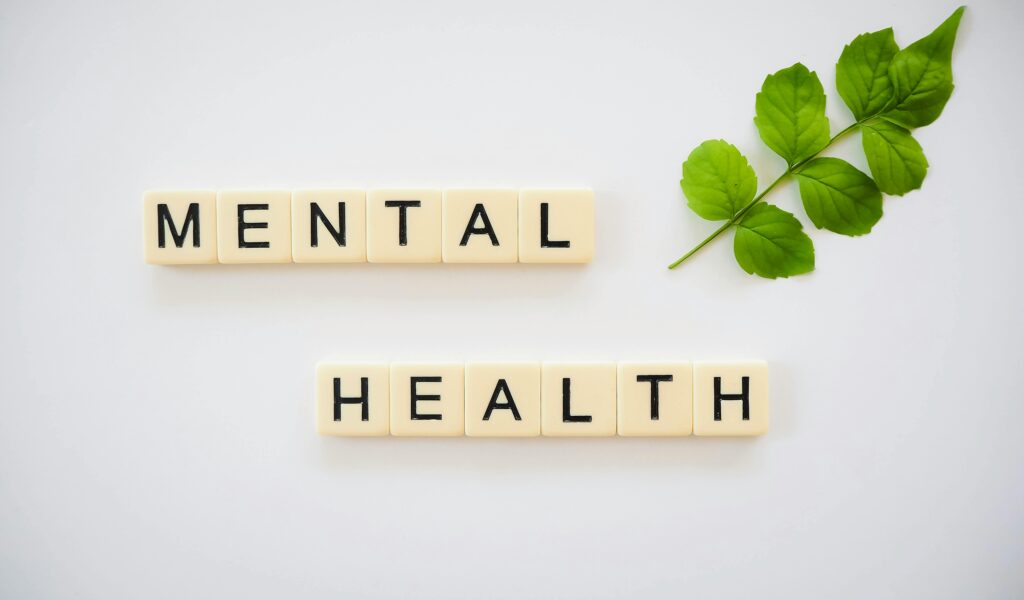 Mental health awareness with letter tiles and green leaf symbolizing wellness
