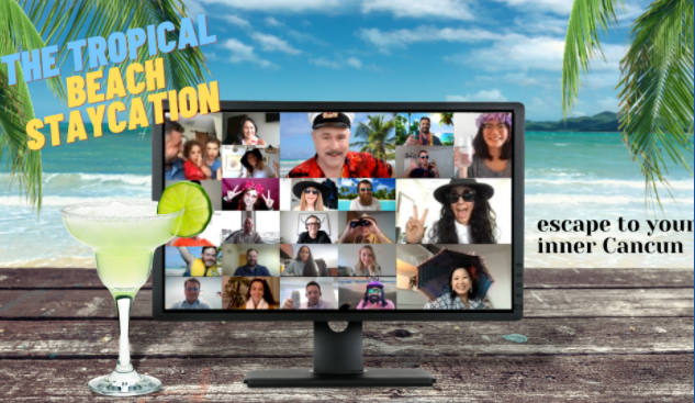 colleagues can take a tropical holiday and play travel themed trivia with a beach staycation virtual team building activity