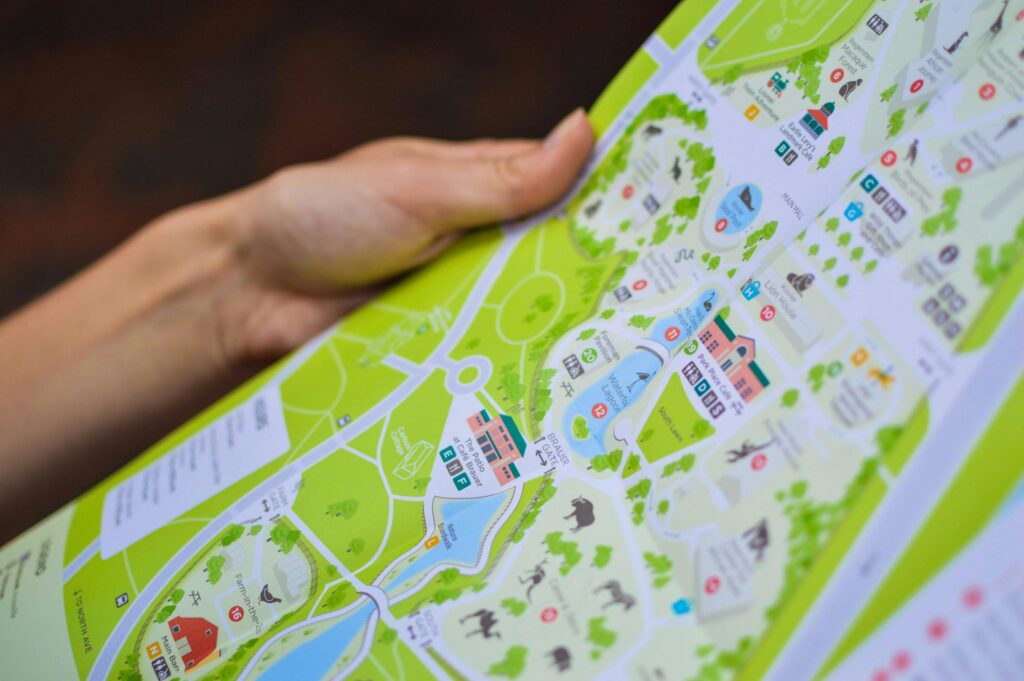 Close-up of a hand holding a colorful zoo map, showing animal exhibits, walking paths, and attractions.
