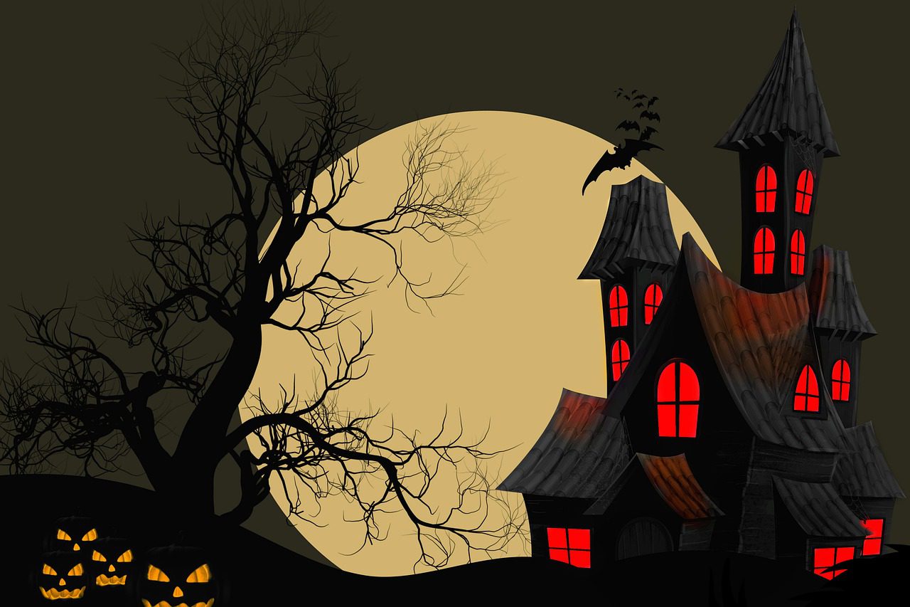 A spooky Halloween scene featuring a haunted house with glowing red windows, jack-o’-lanterns, a creepy leafless tree, bats flying, and a giant full moon casting an eerie glow