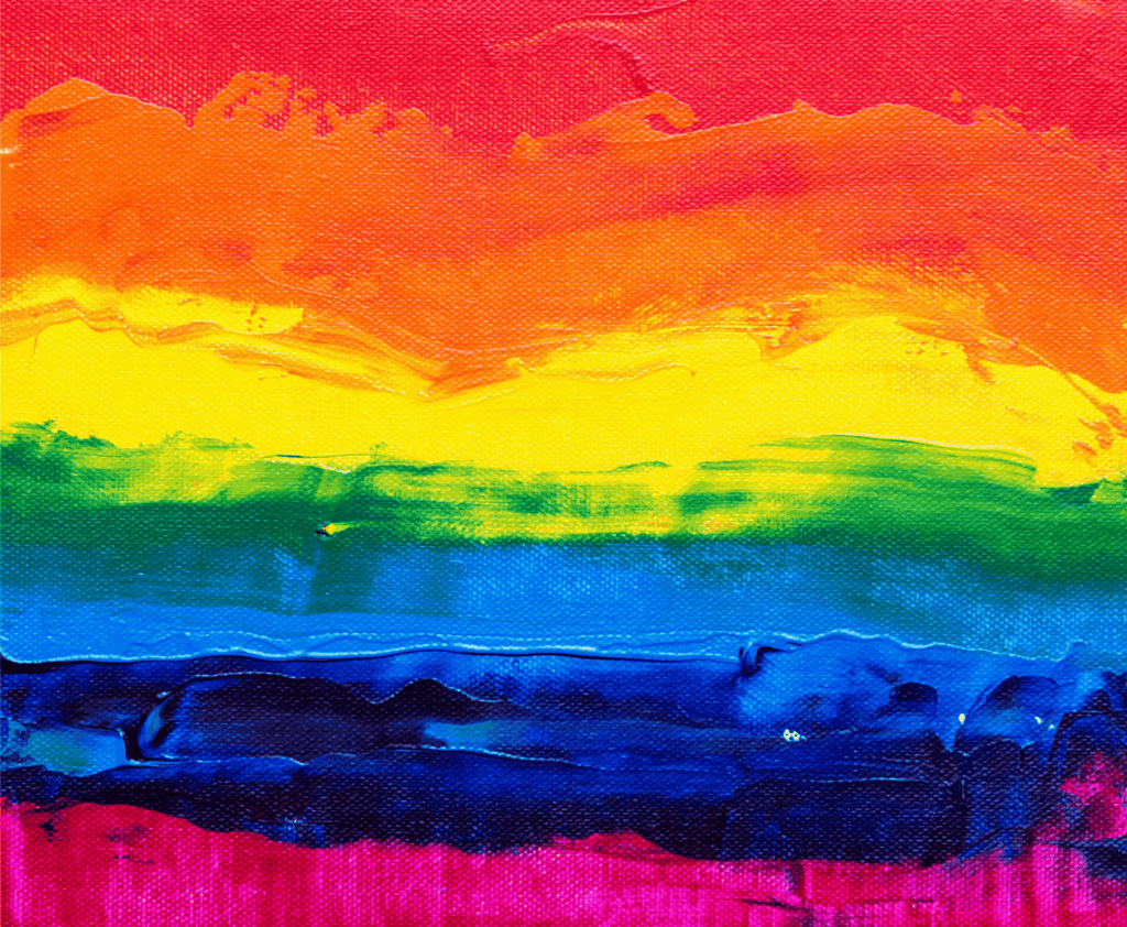 Colorful rainbow abstract painting with textured brushstrokes on canvas.
