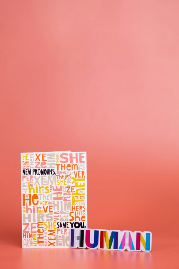 Poster with diverse pronouns like she, he, they, xe, and ze