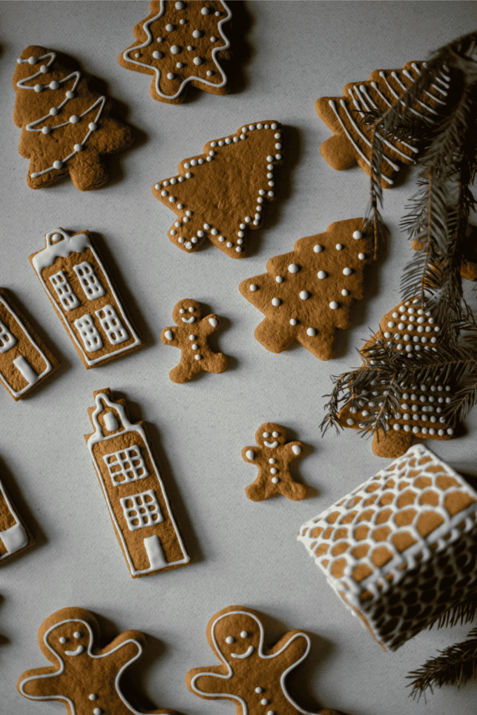 Assorted gingerbread cookies decorated with white icing in festive shapes.
